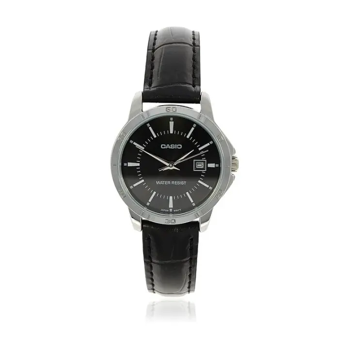 Reloj Casio LTP-V004L-1A para señora correa negra esfera negra con calendario caja plateada LTPV004L1A - 1