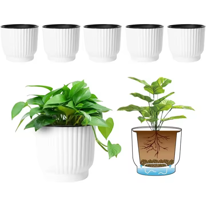 SOMY 6 Macetas Redondas de Plástico con Riego Automático - Blanco, Maceta con Reserva de Agua Maceta con Sistema de Riego para Plantar Plantas de Flores Fácilmente, Decoración para Jardín Hogar Maceta de 15 cm con Reserva de Agua - 1