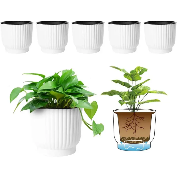 SOMY 6 Macetas Redondas de Plástico con Riego Automático - Blanco, Maceta con Reserva de Agua Maceta con Sistema de Riego para Plantar Plantas de Flores Fácilmente, Decoración para Jardín Hogar Maceta de 15 cm con Reserva de Agua - 1