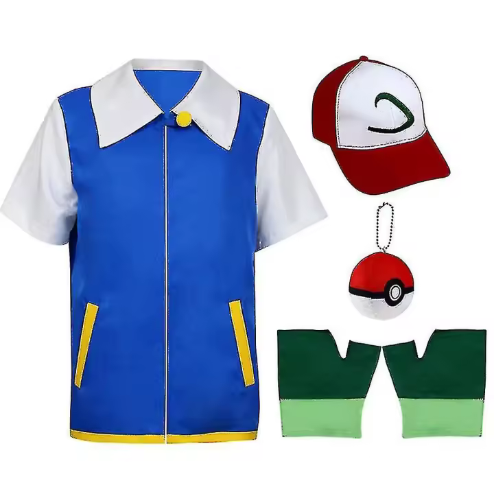 Kids Creative Cosplay Ash Ketchum Blue Jacket Anime Figure Role-playing Show Clothes Trainer Cap And Gloves Set - 1