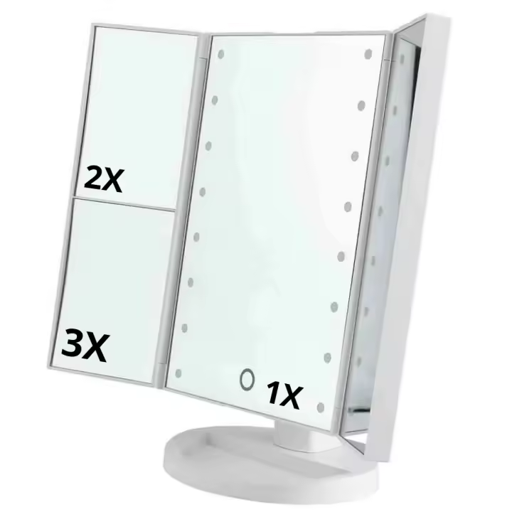 Espejo Maquillaje Luz Led Aumento 1X, 2X, 3X Iluminación 16 Led Ajustable Rotación 180º Espejo Base Tocador Táctil Plegable Tri-Fold Maquillaje Cosmético Funciona con cable USB o Baterías - 1