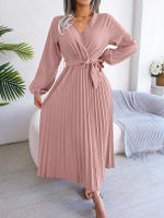 Vestido Largo Elegante Para Mujer Con Cuello En V Manga Larga Pleated Maxi Con Cinturón Estilo Casual De Pierna Larga - details 30