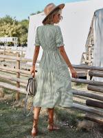 Vestido Largo Medio Casual De Rayas Para Mujer Con Borlas Cuello V Manga Corta Estilo A-Line Primavera Verano Polyester - details 8