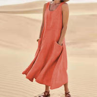 Vestido Sin Mangas De Algodón Y Lino Para Mujer Vestido De Verano Casual Cuello En V Largo Hasta La Rodilla Con Bolsillos - details 2