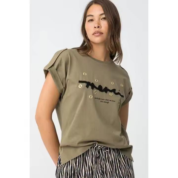Marcas Mujer Ropa Tiffosi Tiffosi mujer Camisetas y tops  Camiseta verde -Tiffosi- Eyelette kakhi - 1