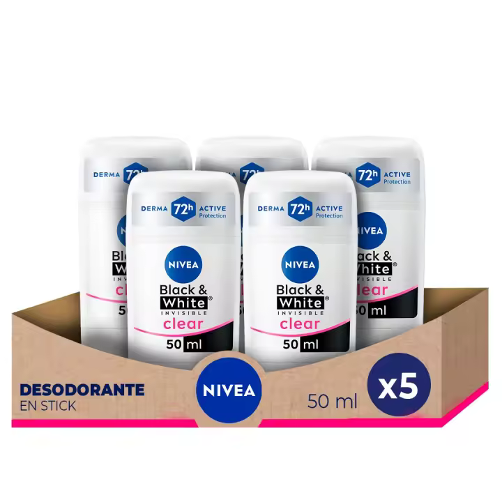NIVEA Pack ahorro - Desodorante en Stick Black & White Invisible Mujer 50ml x 5 unidades - Protección Antitranspirante 72h - 1