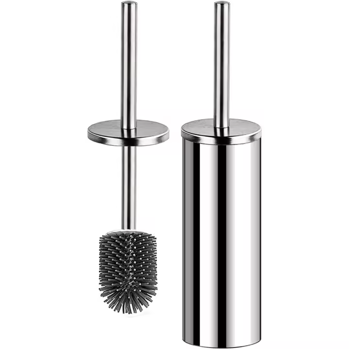 Escobilla de baño con soporte, mango de acero inoxidable, cepillo de silicona de limpieza profunda con soporte de secado rápido (plateado) - 1