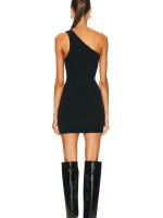 Vestido Mini De Verano Simple Negro Un Hombro Con Estiramiento Slim Moda De Vacaciones Asimétrico Sin Mangas Cierre De Cremallera - details 2