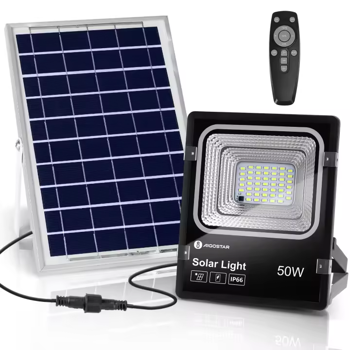 Aigostar Foco Proyector LED Solar 100W 6500K Luz Blanca IP66 Resistente Al Agua para Iluminación Exterior de Jardín, Patios, Caminos y Garajes con Control Remoto - 1