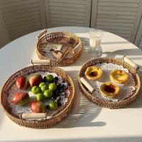 Bandeja De Alimentos De Plástico Tejida a Mano En Rattan Para Frutas Verduras Pasteles Forma Redonda Cesta De Almacenamiento Con Mango - details 12