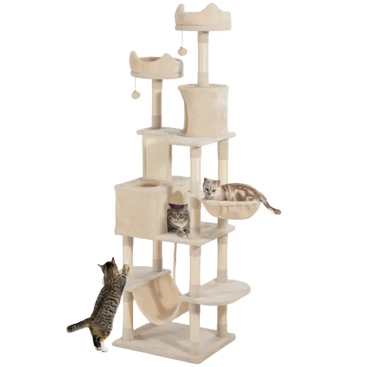 PawHut Árbol Rascador para Gatos Grande Altura 206 cm Árbol para Gatos Torre para Gatos con Plataformas Cuevas Bolas Colgantes y Hamacas - 1