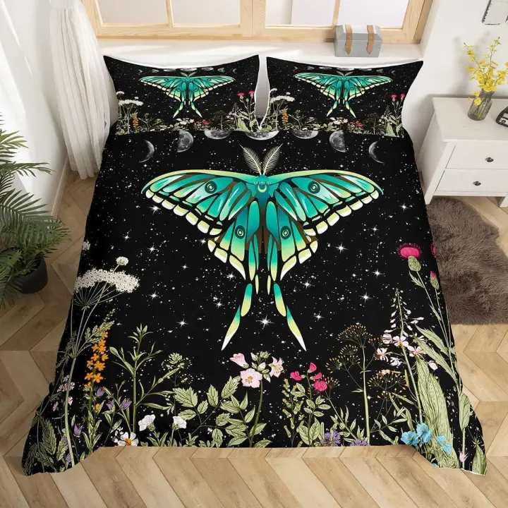 Loussiesd Wildflower Moth Butterfly Bedding Set for Kids Boys Moon Phase Botanical Black Comforter Set Vintage Plant Nature Blossom Leaf Floral Starry Sky Duvet Cover,Bohemian Bedspread Cover Single - 1