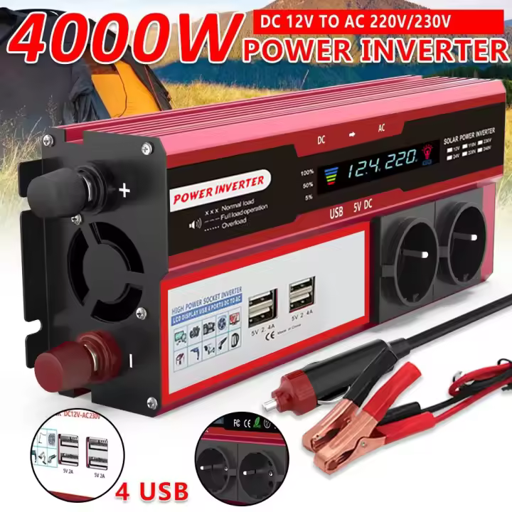 Inversor de corriente de 4000W y 3000W, transformador de CC de 12V a ca de 220V y 230V con 4 puertos USB de carga de la UE con pantalla LED para teléfono RV y coche - 1