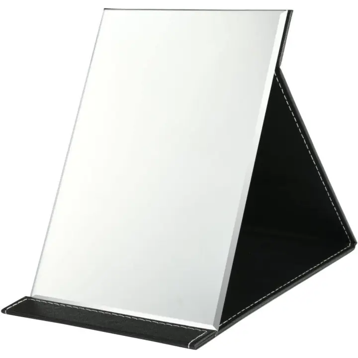 Espejo de sobremesa plegable de 15 x 21 cm con espejo de maquillaje de piel sintética, espejo de viaje portátil, espejo plegable con soporte portátil, negro - 1