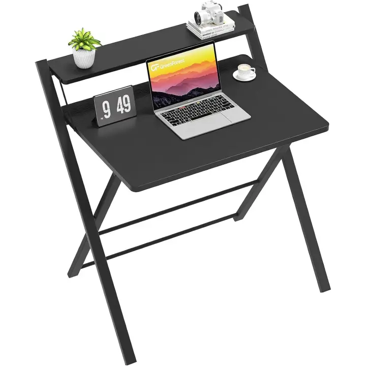 Escritorio Plegable con Estante del Monitor,Escritorio de Oficina deTamaño Pequeño sin Montaje,Escritorio Pequeño para Espacio Pequeño, Beige - 1