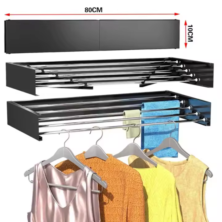 Tendedero Plegable Montar en Paredes - Retráctil - Tendedero Plegable de 80cm para Interiores o Exteriores -y Compacto Que Ahorra de Espacio, Capacidad para 30Kilos, Cuenta con 6 barras de 80cm aluminio de alta resistencia. (T001 1990 D1) - 1