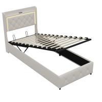 Cama individual 90x200 cm beige con almacenamiento abatible, cabecero acolchado LED y carga - details 2