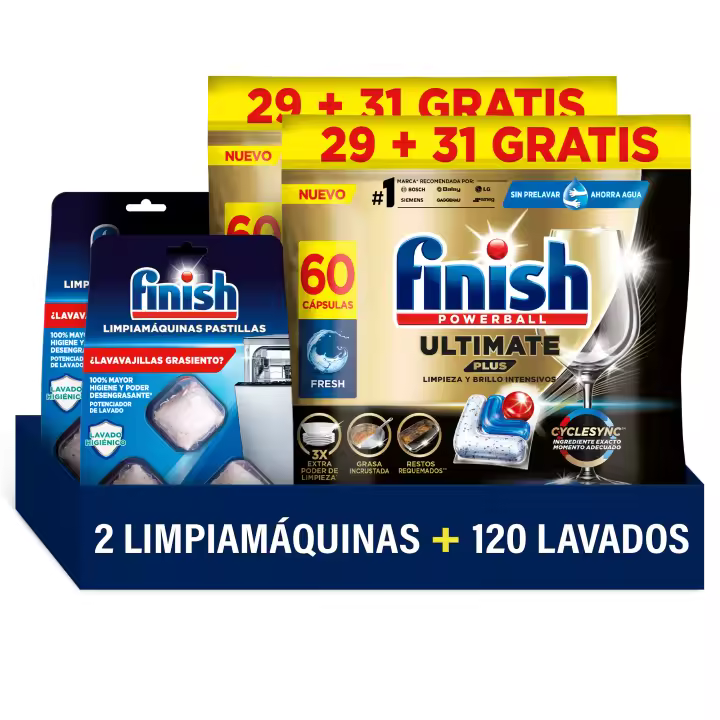 Finish Powerball ULTIMATE PLUS ALL IN 1 x120 Pastillas para Lavavajillas + 6x Limpiamáquinas en Pastillas, Limpieza Intensiva, Elimina Restos Quemados, Brillo Diamante, Cuida y Protege - 1