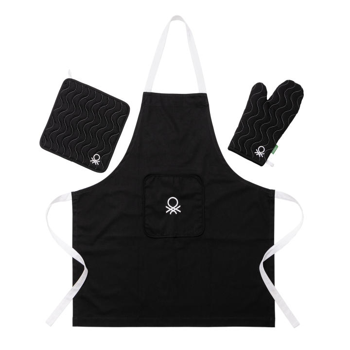 Set 3pc delantal ( delantal + manopla + agarrador) 75x85cm 100% algodón 190gsm  negro black & white CASA BENETTON