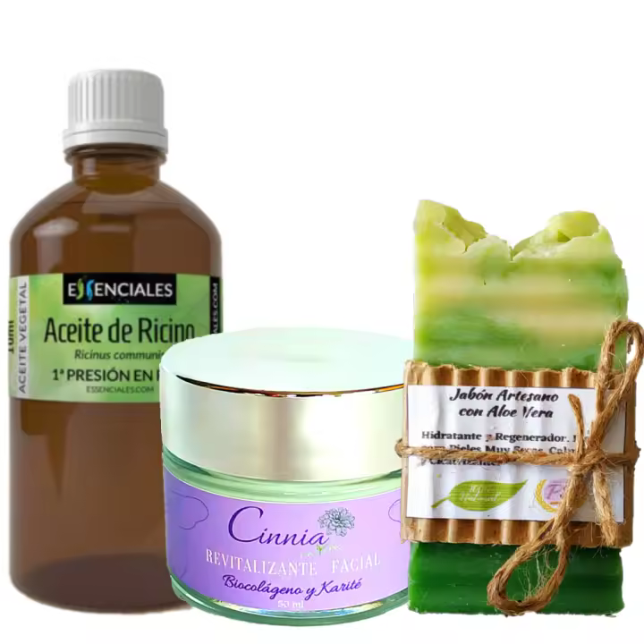 Pack Belleza Revitalizante con Crema Facial Revitalizante, Aceite puro de Ricino y Jabón Artesano de  Aloe Vera. PumarShop Cinnia Natura - 1