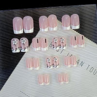 Set De 24 Uñas Postizas De Plástico Gloss Medio Cuadradas Rosa Y Blanco Con Patrón De Flores Uñas Falsas Reutilizables Para Dedos - details 4