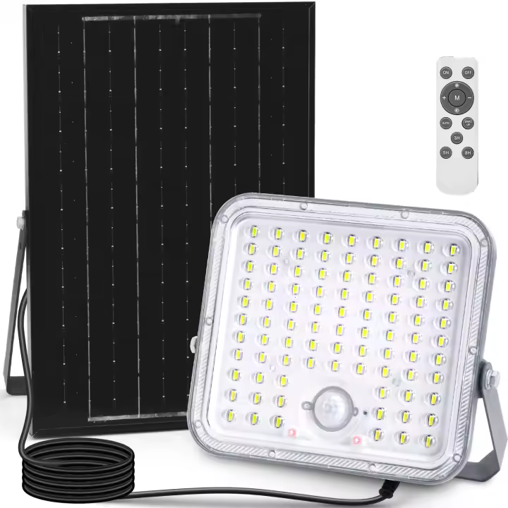 Aigostar Foco LED solar exterior con gran panel solar,Súper Luminoso,8000mAH,Batería gran capacidad,mando a distancia,detección de movimiento,Luz solar con Impermeable IP66 para jardín,caminos,6500K(1) - 1
