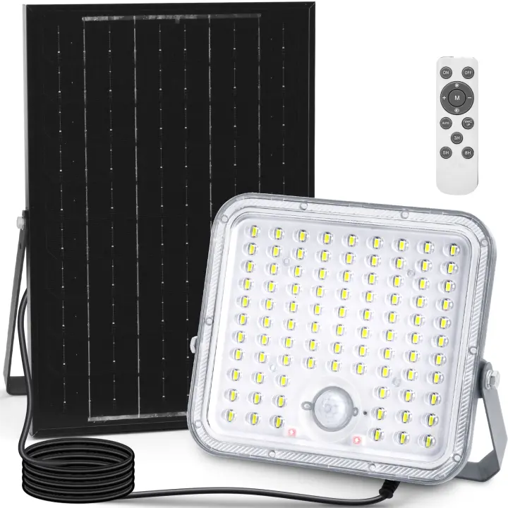Aigostar Foco LED solar exterior con gran panel solar,Súper Luminoso,8000mAH,Batería gran capacidad,mando a distancia,detección de movimiento,Luz solar con Impermeable IP66 para jardín,caminos,6500K(1) - 1