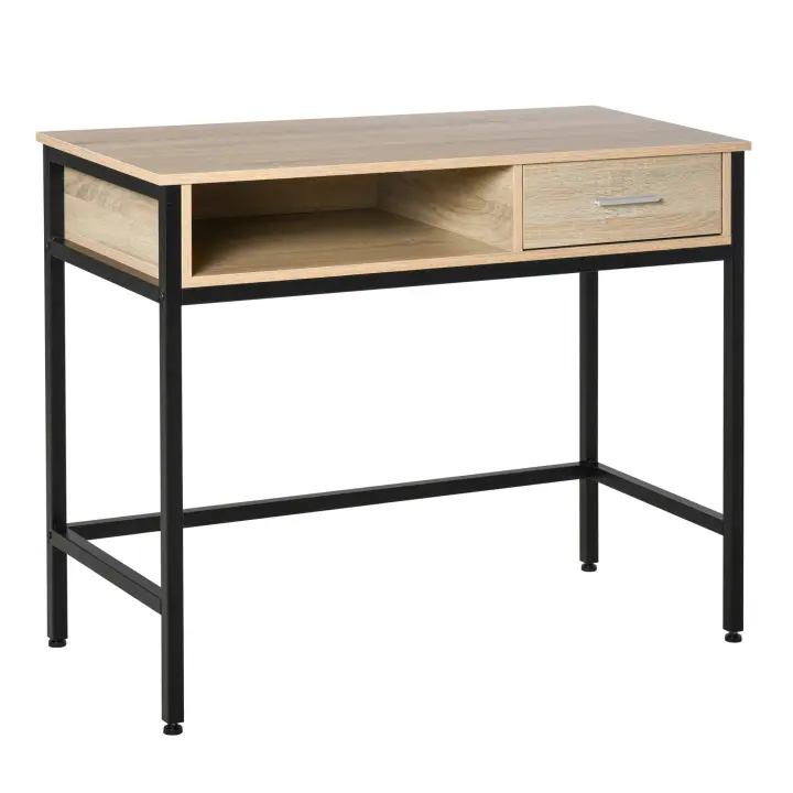 HOMCOM Escritorio con almacenaje Escritorio industrial Escritorio de ordenador con cajón Estructura de metal negro Tapa de madera de roble claro - 1