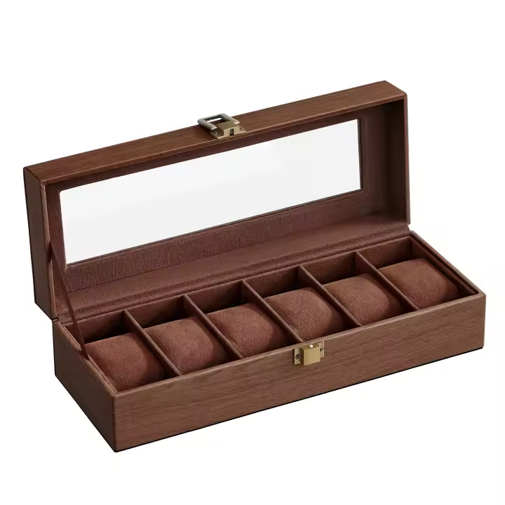 SONGMICS Caja de Relojes con 6 Compartimentos, Estuche de Relojes con Tapa de Cristal, Cojín Extraíble, Cierre Metálico, Regalo, Cuero Sintético Negro y Forro Gris Verdoso/Cuero Sintético Marrón y Forro Marrón/Cuero Sintético Negro y Forro Negro - 1