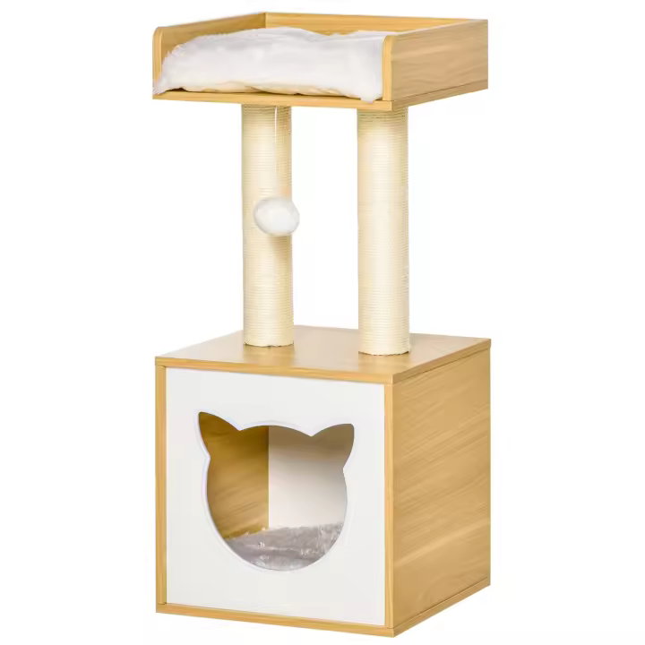 PawHut Árbol para Gatos de 2 Niveles con Cueva Cama Superior Postes Rascadores de Sisal Natural Cojines Lavables y Bola de Juguete 35x35x81 cm Roble y Blanco - 1