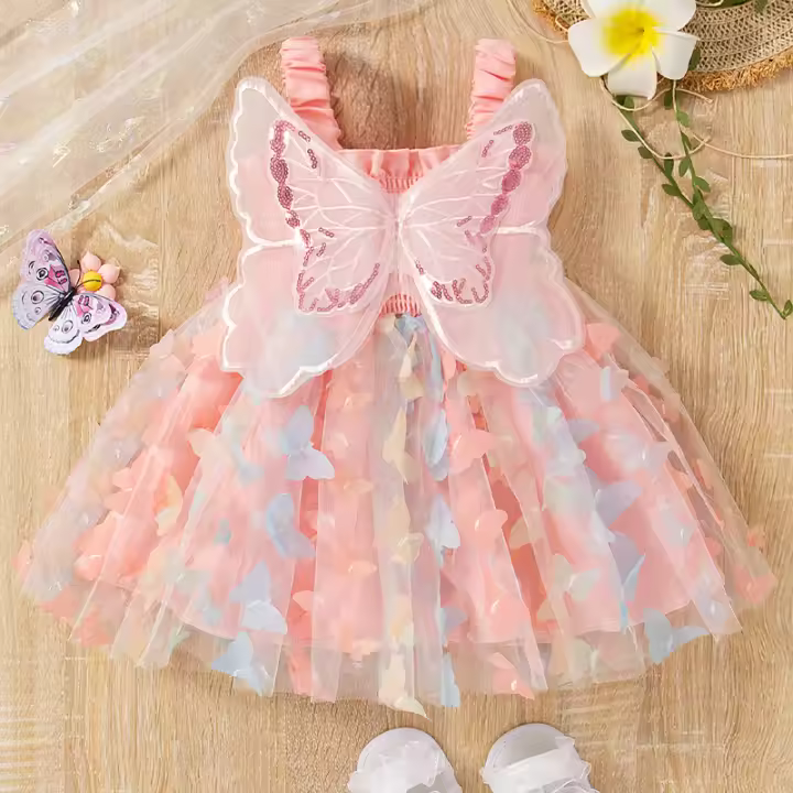 Vestido De Princesa Para Bebé Niña Verano Con Alas De Mariposa 3D Tirantes Colgantes Vestido De Malla Lindo Y Moda Para Niñas - 1