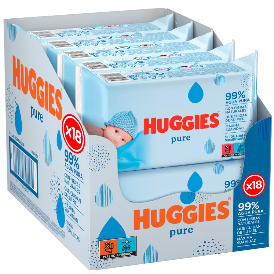 Huggies Pure Toallitas con 99% Agua Pura, 1008 Toallitas (18 packs de 56 Toallitas). Sin Aditivos ni Fragancias, Suaves Fibras Naturales de Origen Vegetal, Hipoalergénicas, Máxima Suavidad.