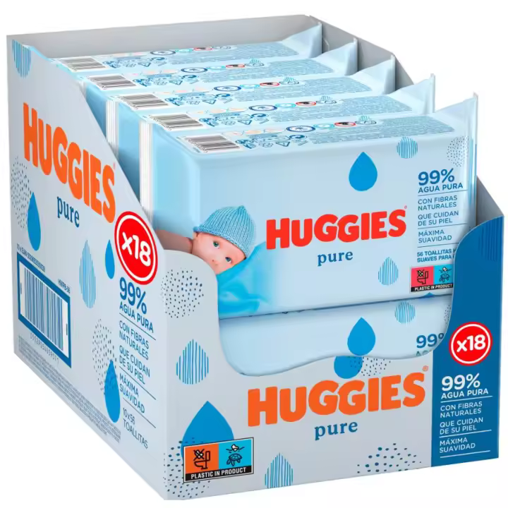 Huggies Pure Toallitas con 99% Agua Pura, 1008 Toallitas (18 packs de 56 Toallitas). Sin Aditivos ni Fragancias, Suaves Fibras Naturales de Origen Vegetal, Hipoalergénicas, Máxima Suavidad. - 1