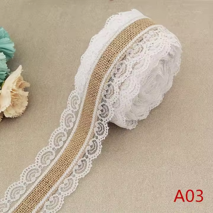 Cinta De Encaje De Lino De Jute Natural 25mm Con Borde De Encaje Blanco Decoración Rustica Vintage Para Bodas Y Centros De Mesa - 1