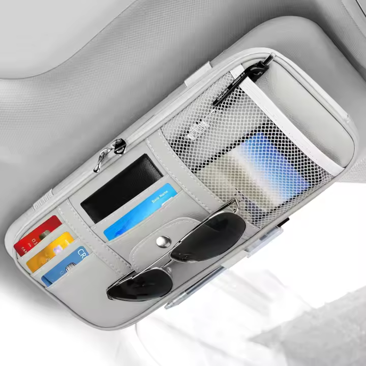Organizador de Sombrilla para Coche, Organizador de Bolso de cuero con múltiples bolsos y Cremallera de Red para Tarjetas, Llaves, documentos y Gafas de Sol (GRIS) - 1