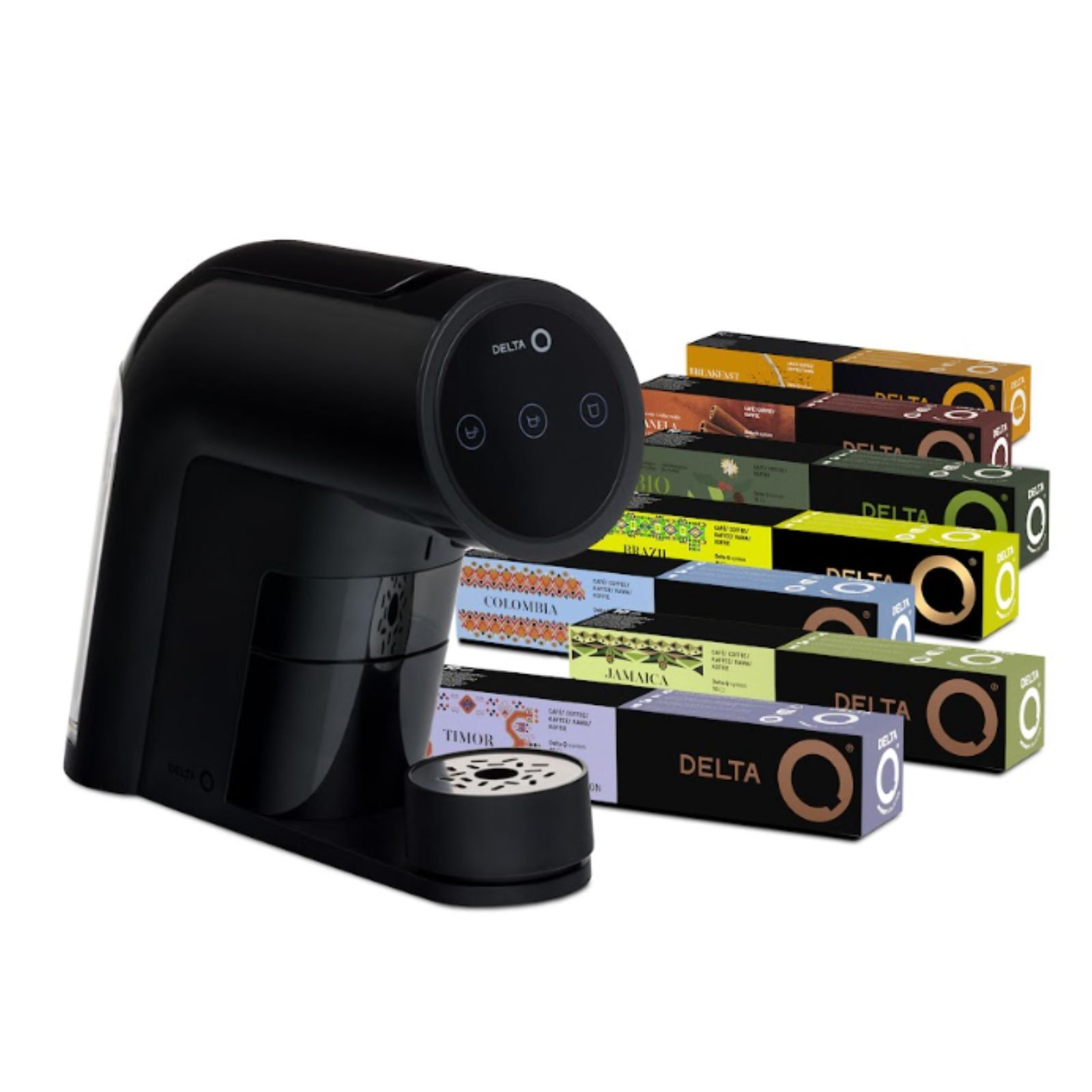 Delta Q IconiQ - Máquina de Café Espresso - Pack de Cafetera de Cápsulas Automática - Depósito para 10 Cápsulas - Pantalla Táctil - Incluye 70 Cápsulas de Café Especialidad y Orígenes
