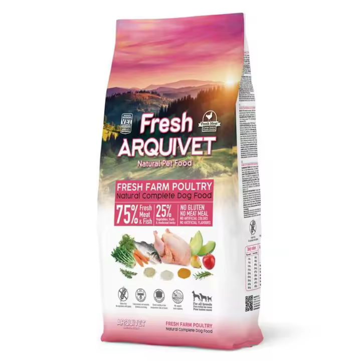 Arquivet Fresh Farm Poultry - Alimento completo semihumedo para perros adultos de todas las razas  - 100gr - 2.5kg - 10kg - 55% de pollo fresco, 20% de pescado y 25% de vegetales - Prensado en frio - Sin harinas carnicas - Sin Gluten - 1