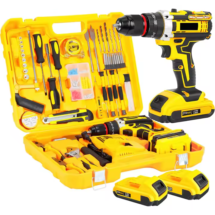 Kit de herramientas de 21 V con taladro, juego de 120 brocas inalámbricas de 21 V con portabrocas de metal sin llave de 3/8 pulgadas y embrague de 25+3 con impacto, 2 baterías de 2.0 Ah y - 1