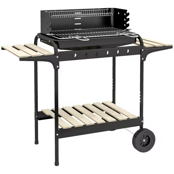 Outsunny Barbacoa de Carbón con Ruedas Barbacoa Portátil 103x47x95 cm con Parrilla Ajustable en Altura de 5 Niveles Estantes y 6 Ganchos para Pícnic Camping - 1