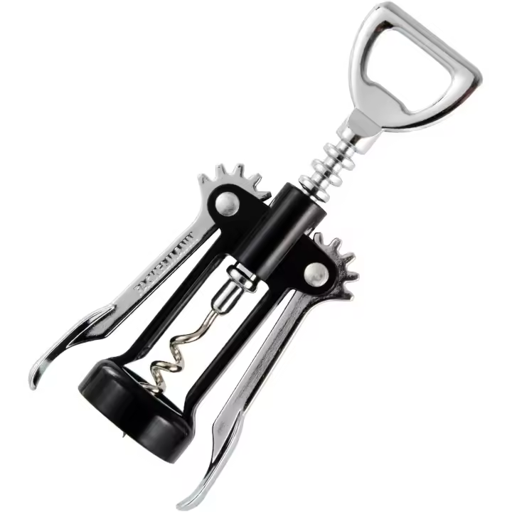Sacacorchos 2 en 1 para vino y cerveza tipo camarero con palancas dobles, espiral y dissisulador en acero, cuerpo de ABS, 16,5x6,5 cm, negro y acero inoxidable, 1 unidad. - 1