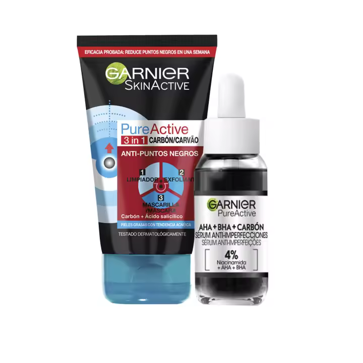 Garnier | Pack Pure Active Anti Imperfecciones, Serum Anti-Imperfecciones con 4% de Niacinamida, AHA y BHA + Gel Carbón de Garnier Pure Active 3 en 1 - 30ML + 150ML - 1