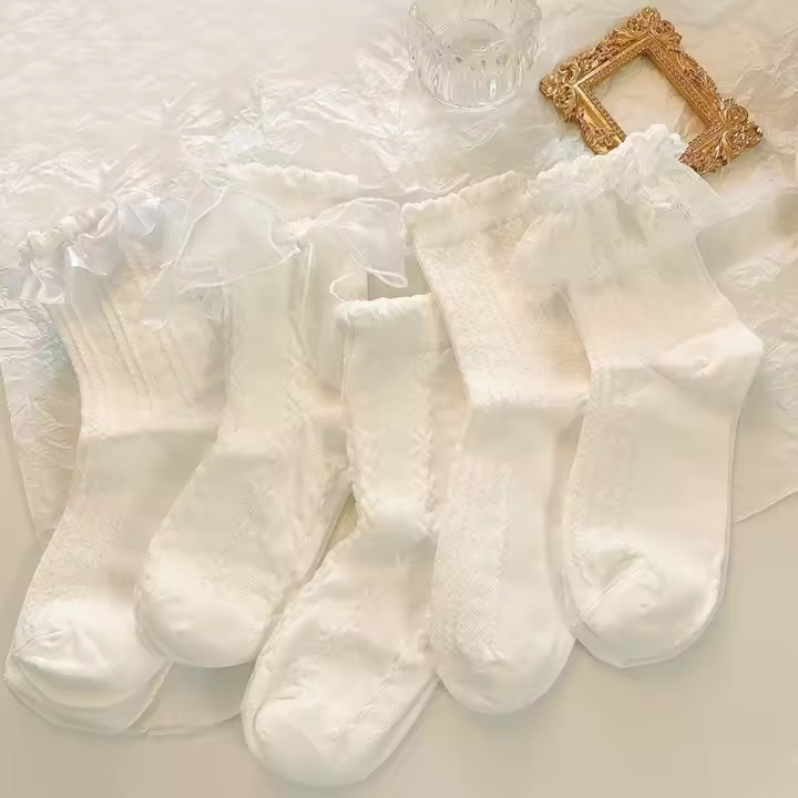 5 Pares De Calcetines Lolita Con Lazo Y Encaje Estilo Japonés College Sweet JK Callejero Calcetines De Media Pierna Para Mujer - 1
