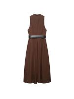 Vestido Midi Elegante De Verano Para Mujer Con Cuello En V Y Cinturón Estilo Vintage Sin Mangas Traje De Poliéster A-Line - details 1
