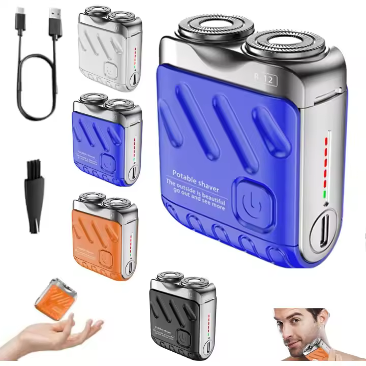 Mini afeitadora R12, afeitadora de barba para hombre, mini afeitadora eléctrica portátil, recargable por USB, con un solo botón, de larga duración, ideal para viajes en casa (azul) - 1