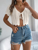 Cardigan De Punto Para Mujer Verano Otoño Ligero De Visón Manga Corta Cuello Redondo Estilo Casual Color Sólido Con Agujeros - details 20