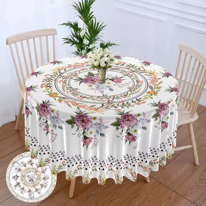 Mantel Redondo Impermeable Con Plantas Florales 63 Pulgadas Cubierta De Comedor Multifuncional Estilo Moderno Solterano - 1