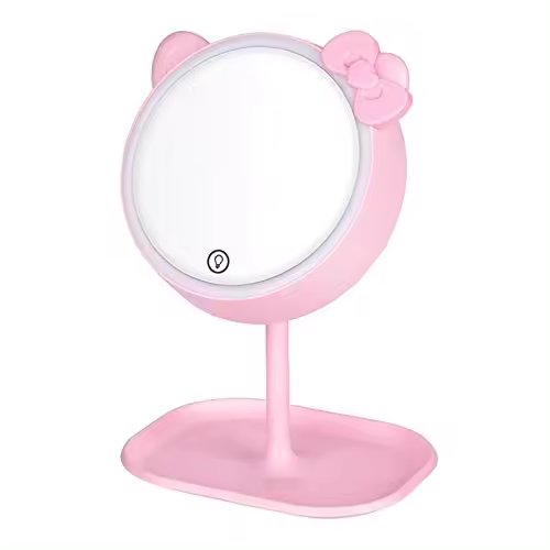 Espejo de Maquillaje LED con Orejas de Gato Rosa - Ajustable y con Pantalla Táctil - 1