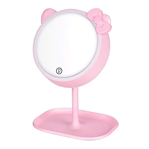 Espejo de Maquillaje LED con Orejas de Gato Rosa - Ajustable y con Pantalla Táctil - 1