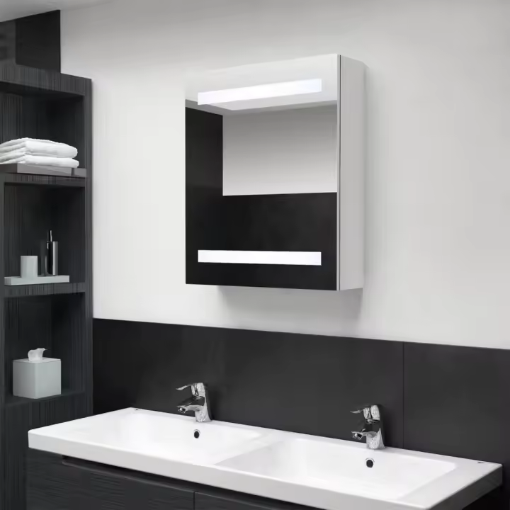 vidaXL Armario de baño con espejo LED blanco brillante 50x14x60 cm en color Blanco brillo/Negro brillo/Gris brillo y más | almacenamiento funcional diseño moderno para baño dormitorio sala - 1