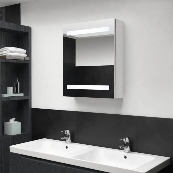vidaXL Armario de baño con espejo LED blanco brillante 50x14x60 cm en color Blanco brillo/Negro brillo/Gris brillo y más | almacenamiento funcional diseño moderno para baño dormitorio sala - 1